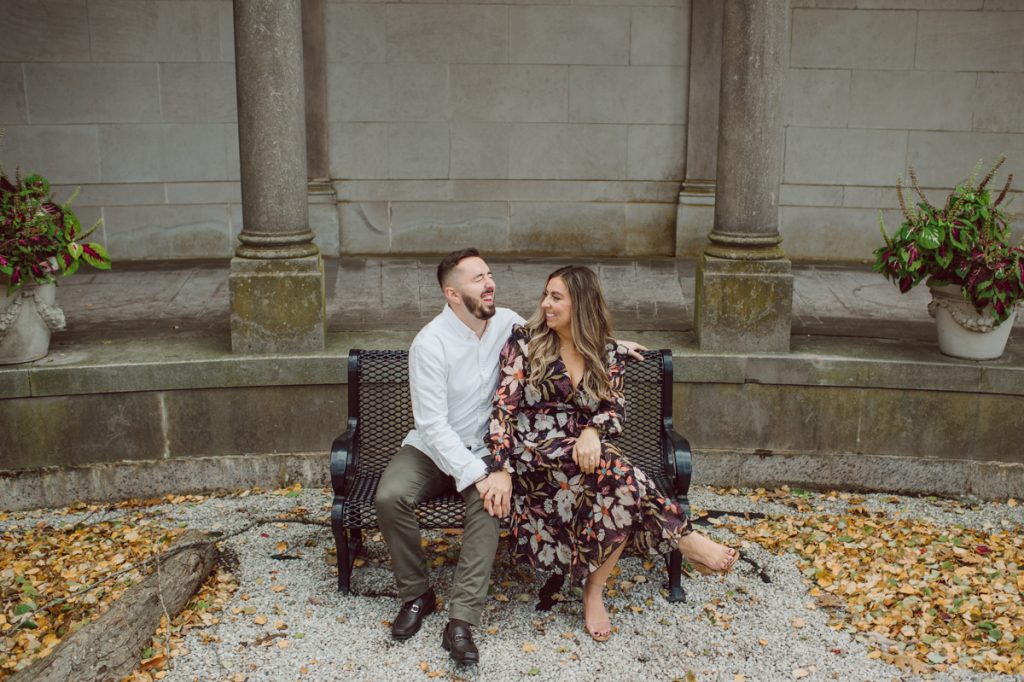 Samantha and Mike met while attending Monmouth University in West Long Branch, NJ. Sam and Mike's relationship wasn't a romantic one in the beginning but slowly they felt love for each other and one perfect day they became a couple. For their Fall engagement session, Sam and Mike decided to visit their old campus for their engagement session where it all began for them. Sam and Mike's Monmouth University Engagement photographed by NYC elopement, Hudson Valley, Catskills, NY and NJ, Farm, Adventure Wedding and Elopement Photographer Karis | Hey Karis
